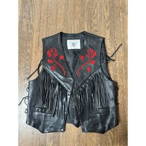 Vanguard Leather Of America Women XL Black Leather Biker Vest Rose Fringe Lace